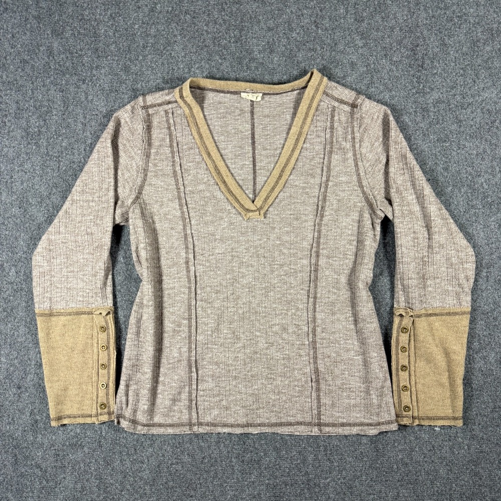 POL Vneck Long Sleeve Waffle Knit Exposed Stitching Relaxed Knit Boho Chic Large